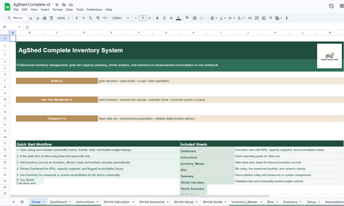 AgShed Complete Farm Inventory System + Grain Shrink Calculator + Grain Bin Capacity Calculator Bundle