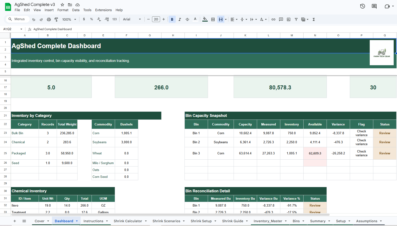 AgShed Complete Farm Inventory System + Grain Shrink Calculator + Grain Bin Capacity Calculator Bundle