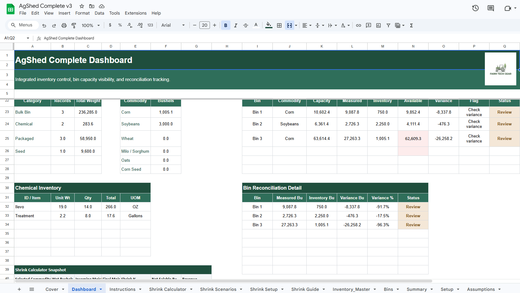 AgShed Complete Farm Inventory System + Grain Shrink Calculator + Grain Bin Capacity Calculator Bundle