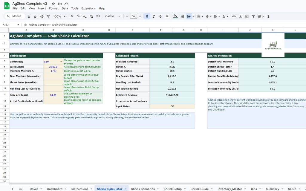 AgShed Complete Farm Inventory System + Grain Shrink Calculator + Grain Bin Capacity Calculator Bundle