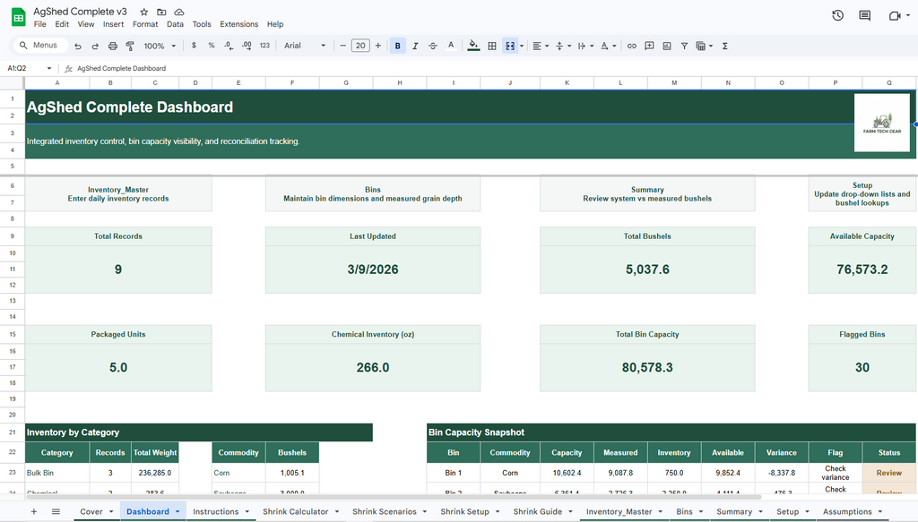 AgShed Complete Inventory System with Grain Shrink Calculator