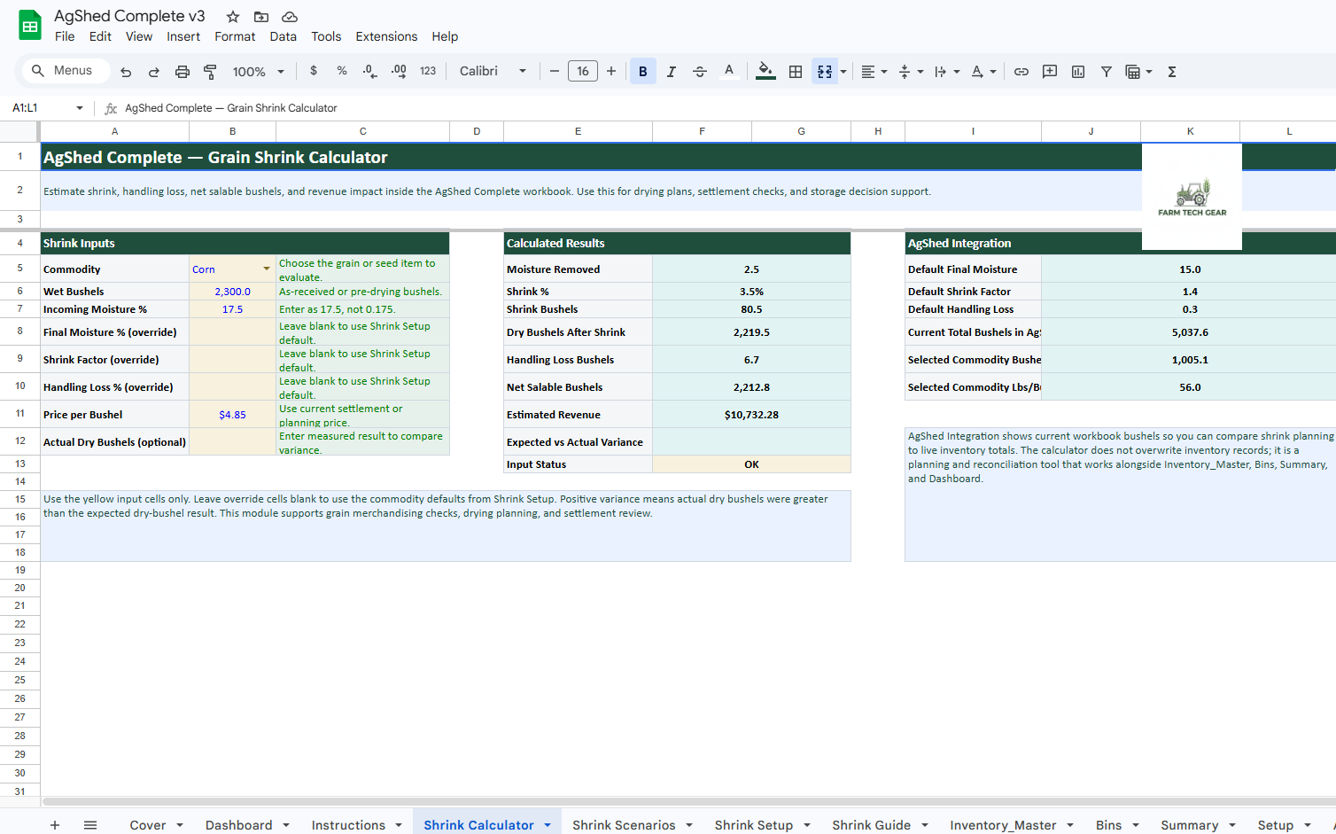 AgShed Complete Inventory System with Grain Shrink Calculator