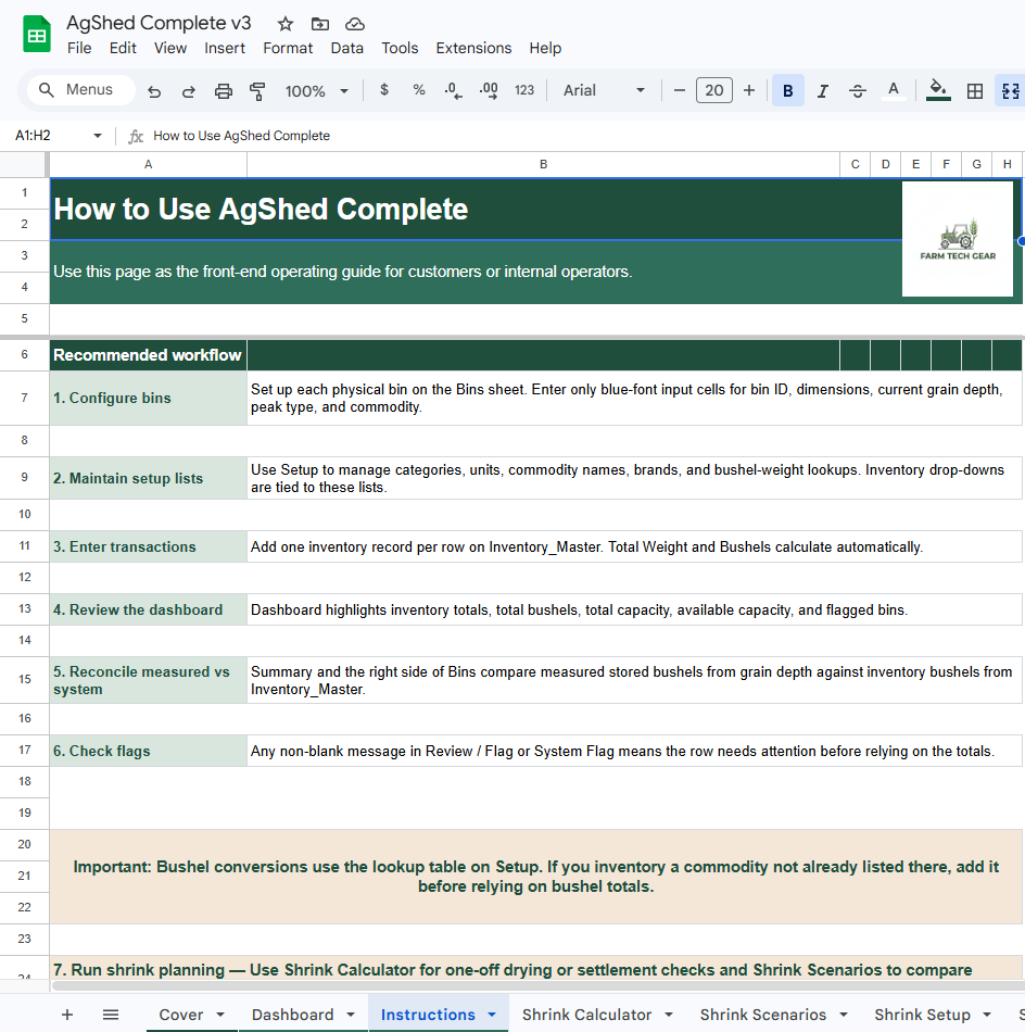 AgShed Complete Inventory System with Grain Shrink Calculator