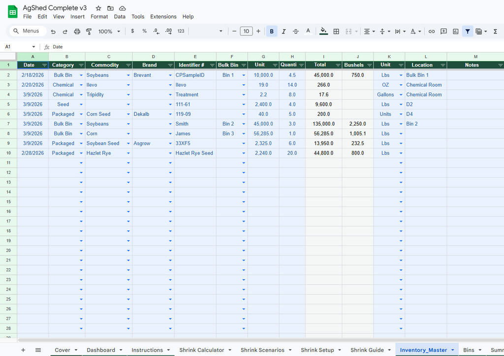 AgShed Complete Inventory System with Grain Shrink Calculator