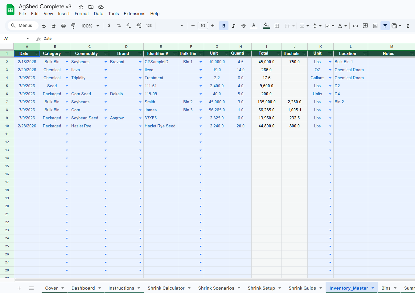 AgShed Complete Inventory System with Grain Shrink Calculator
