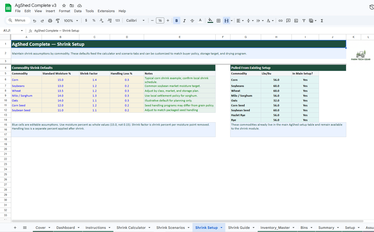 AgShed Complete Inventory System with Grain Shrink Calculator