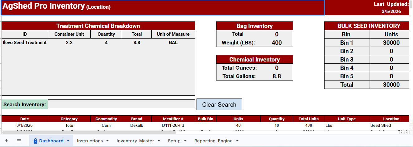 Software interface for AgShed Pro Inventory with various inventory breakdowns displayed.