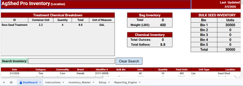Software interface for AgShed Pro Inventory with various inventory breakdowns displayed.