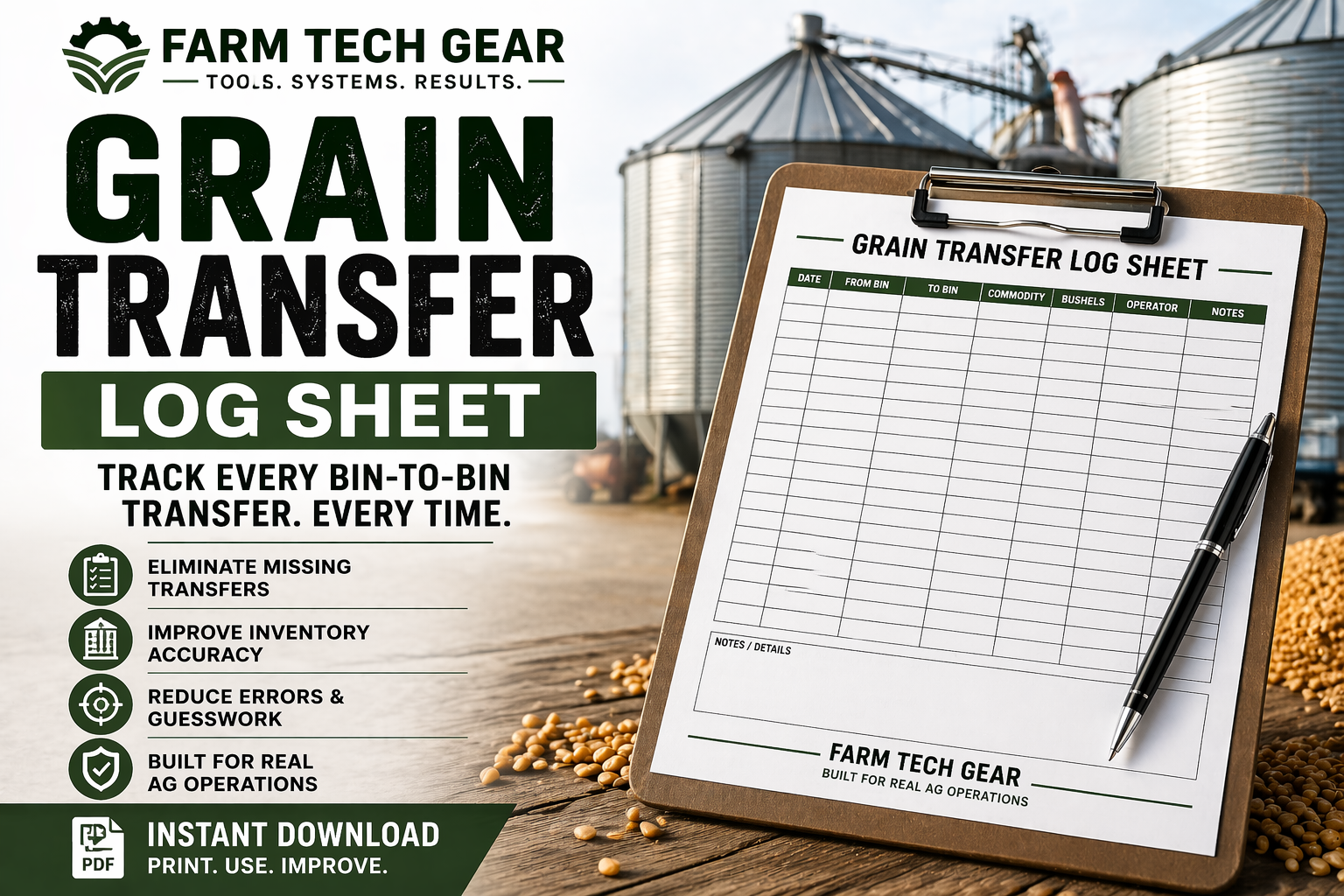 Grain Transfer Log Sheet (Bin-to-Bin Tracking System) Printable PDF