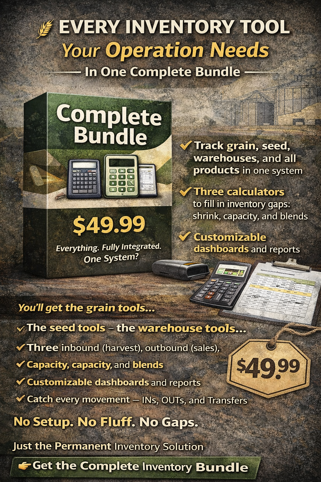 AgShed Complete Farm Inventory System + Grain Shrink Calculator + Grain Bin Capacity Calculator Bundle