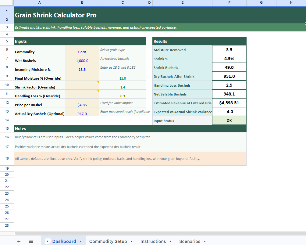 Grain Shrink Calculator | Moisture & Dry Bushel Spreadsheet Tool
