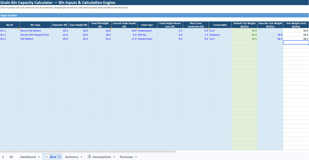 Spreadsheet application open to a grain bin capacity calculator tool