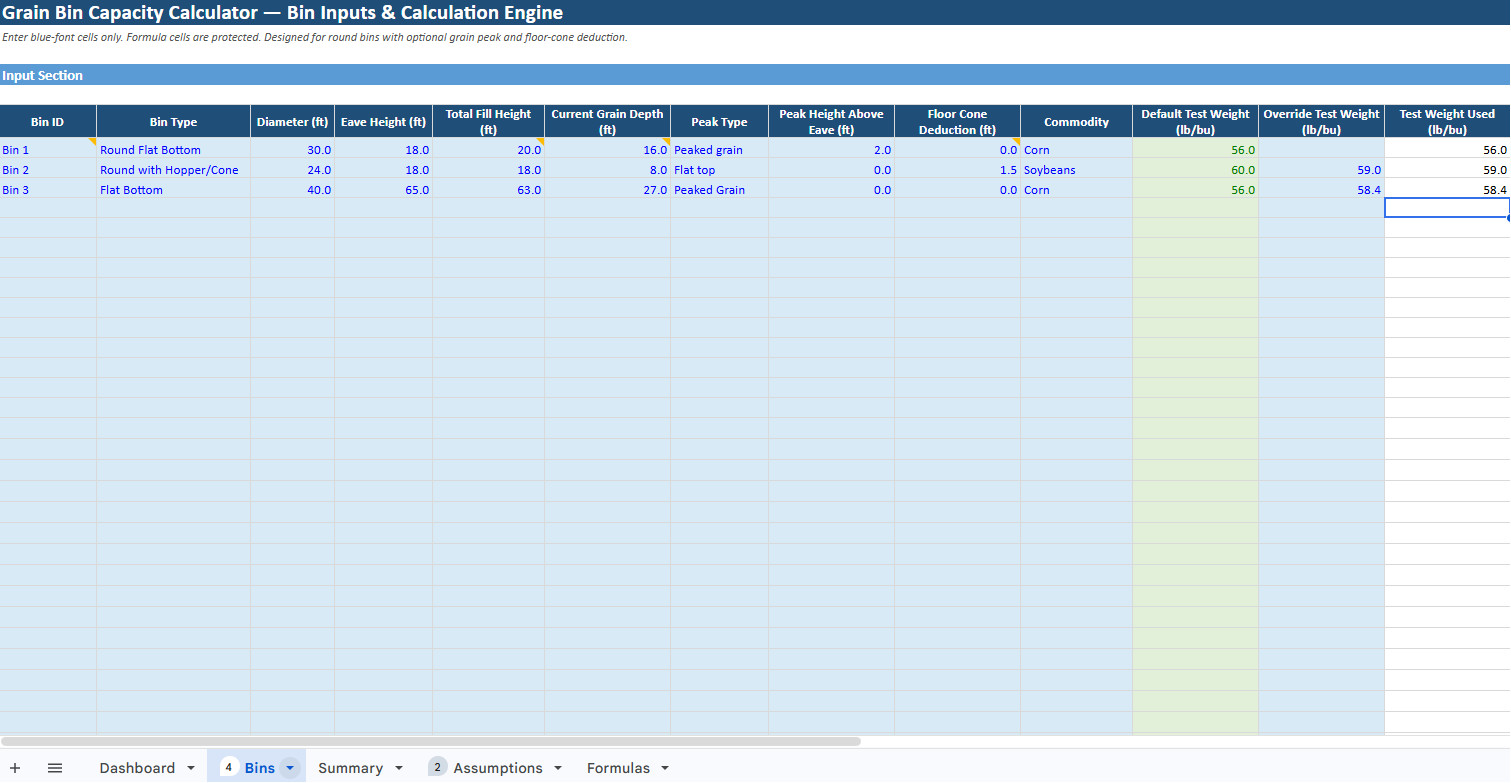 Spreadsheet application open to a grain bin capacity calculator tool