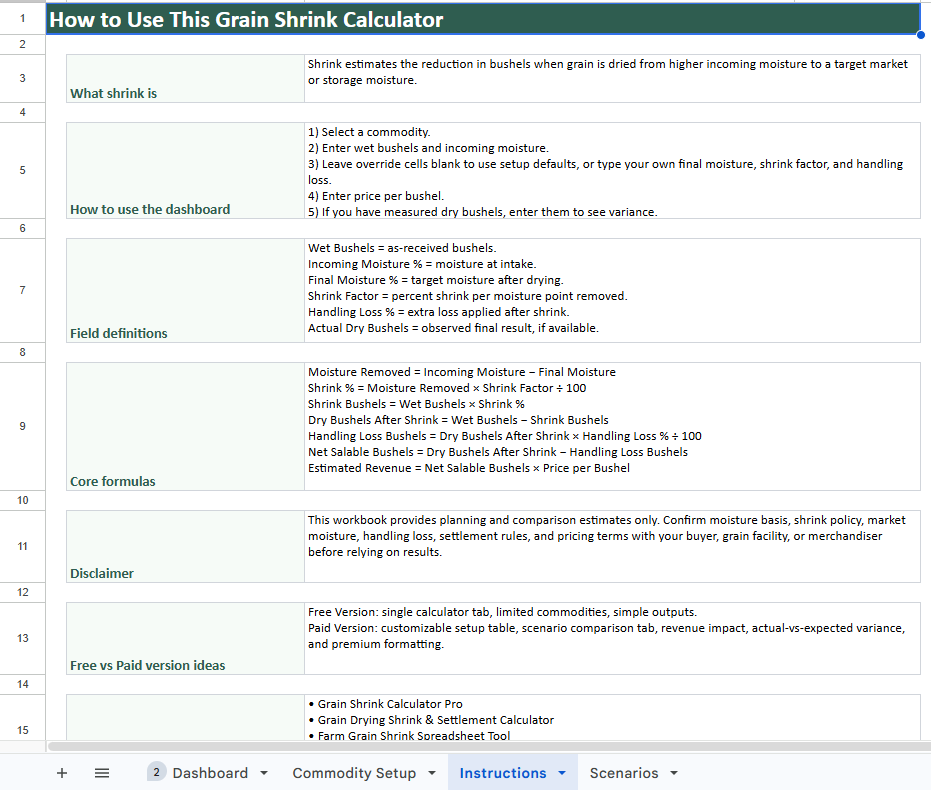 Grain Shrink Calculator | Moisture & Dry Bushel Spreadsheet Tool